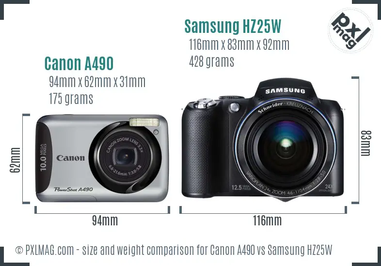 Canon A490 vs Samsung HZ25W size comparison