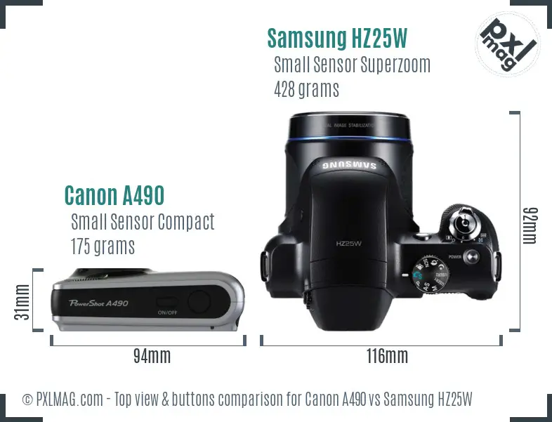 Canon A490 vs Samsung HZ25W top view buttons comparison
