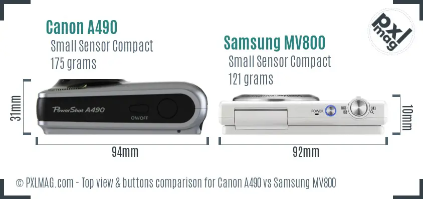 Canon A490 vs Samsung MV800 top view buttons comparison