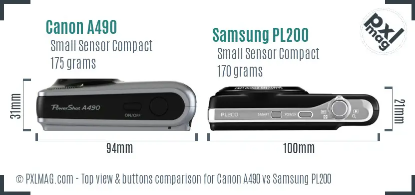Canon A490 vs Samsung PL200 top view buttons comparison Canon A490 vs Samsung PL200 top view buttons comparison