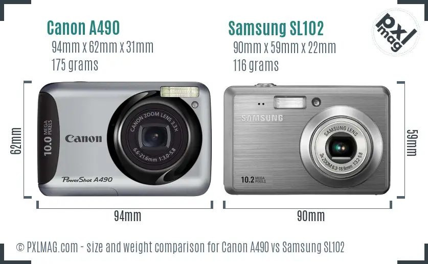 Canon A490 vs Samsung SL102 size comparison