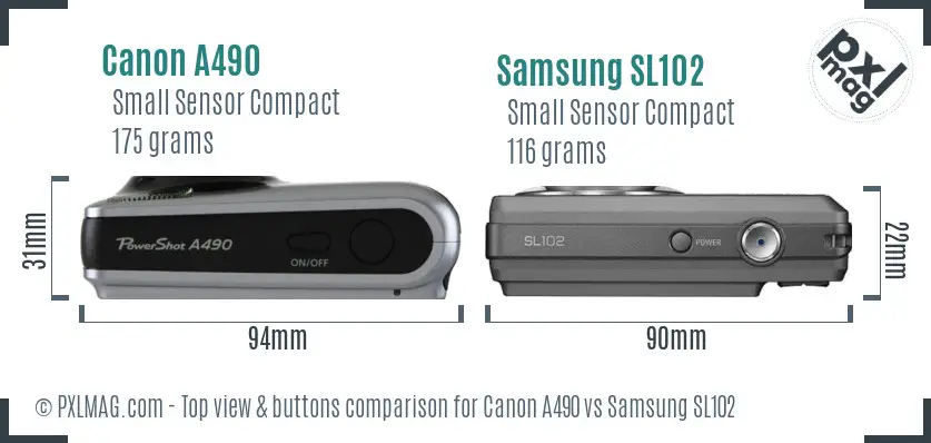 Canon A490 vs Samsung SL102 top view buttons comparison