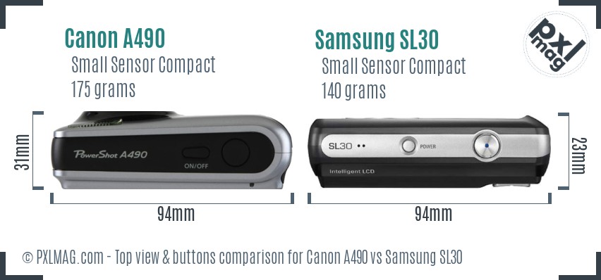 Canon A490 vs Samsung SL30 top view buttons comparison