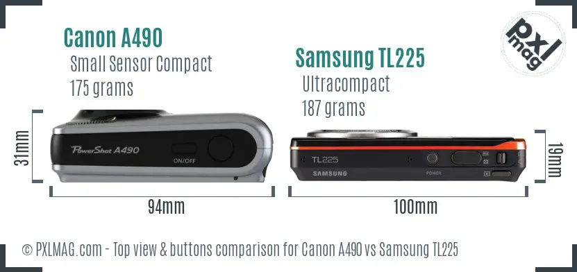 Canon A490 vs Samsung TL225 top view buttons comparison