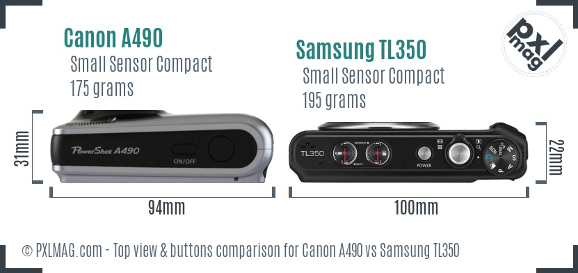 Canon A490 vs Samsung TL350 top view buttons comparison
