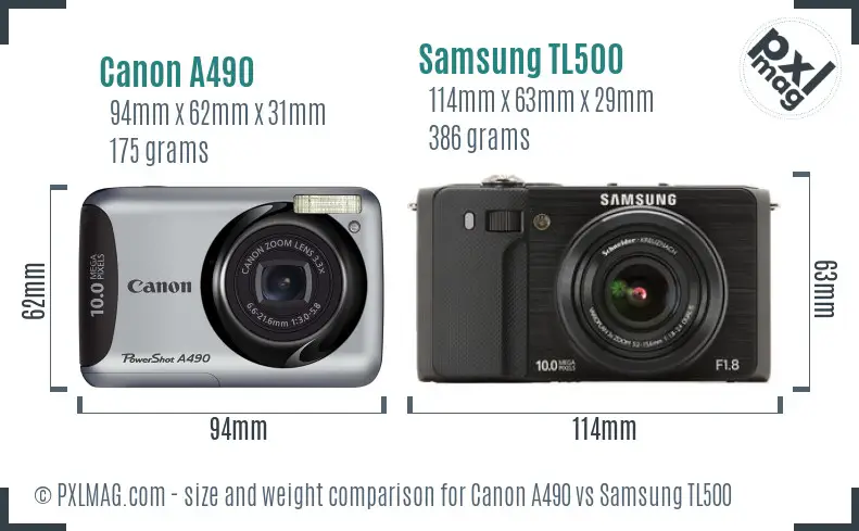 Canon A490 vs Samsung TL500 size comparison