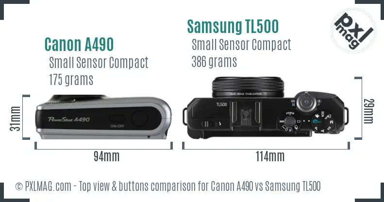 Canon A490 vs Samsung TL500 top view buttons comparison
