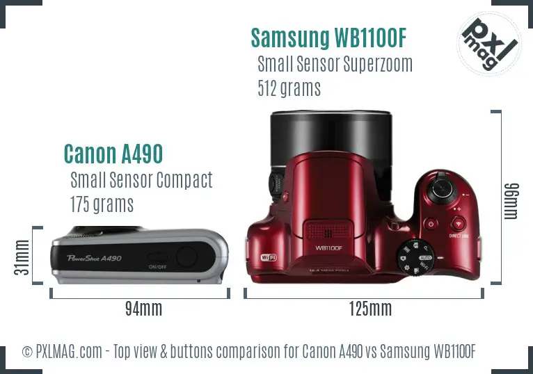 Canon A490 vs Samsung WB1100F top view buttons comparison