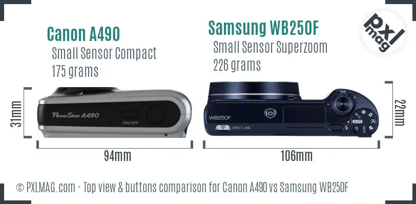 Canon A490 vs Samsung WB250F top view buttons comparison