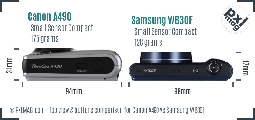 Canon A490 vs Samsung WB30F top view buttons comparison
