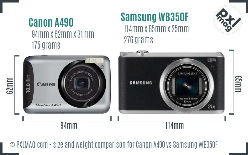 Canon A490 vs Samsung WB350F size comparison