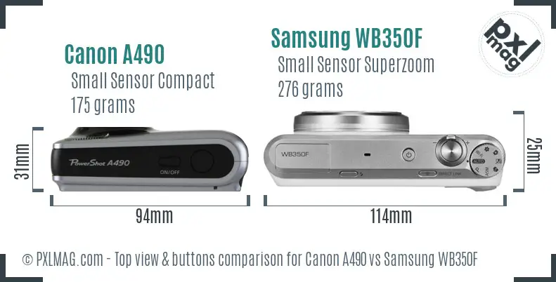 Canon A490 vs Samsung WB350F top view buttons comparison
