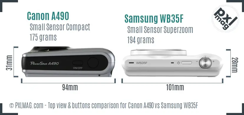 Canon A490 vs Samsung WB35F top view buttons comparison Canon A490 vs Samsung WB35F top view buttons comparison