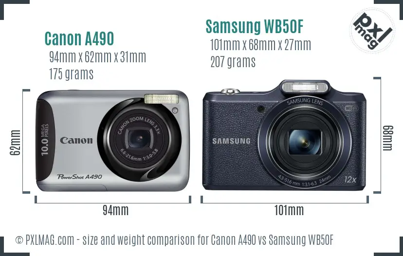 Canon A490 vs Samsung WB50F size comparison