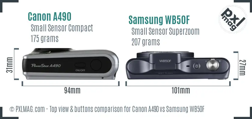 Canon A490 vs Samsung WB50F top view buttons comparison