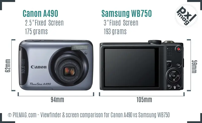 Canon A490 vs Samsung WB750 Screen and Viewfinder comparison