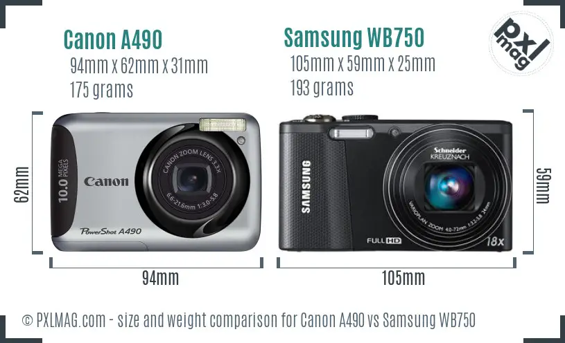 Canon A490 vs Samsung WB750 size comparison