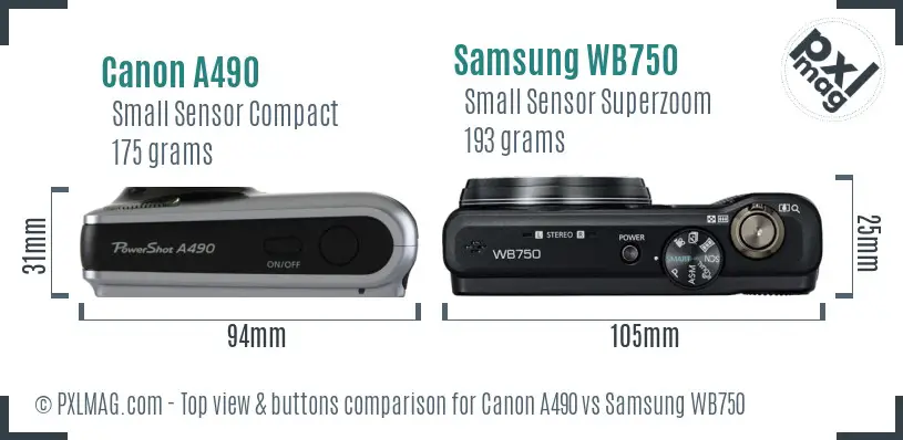 Canon A490 vs Samsung WB750 top view buttons comparison