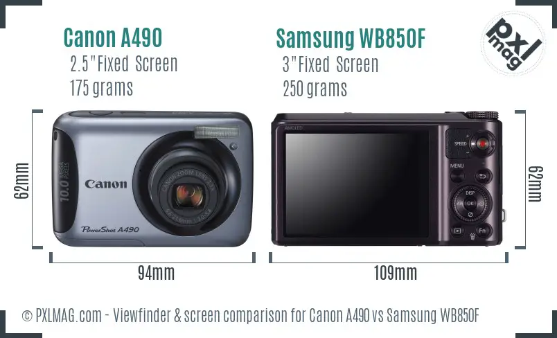 Canon A490 vs Samsung WB850F Screen and Viewfinder comparison