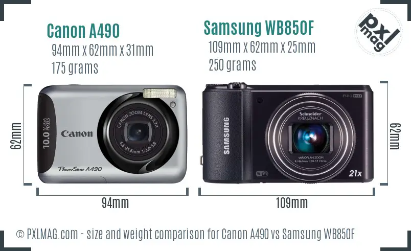 Canon A490 vs Samsung WB850F size comparison
