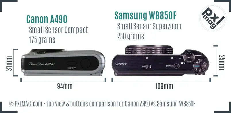 Canon A490 vs Samsung WB850F top view buttons comparison