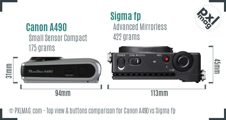 Canon A490 vs Sigma fp top view buttons comparison