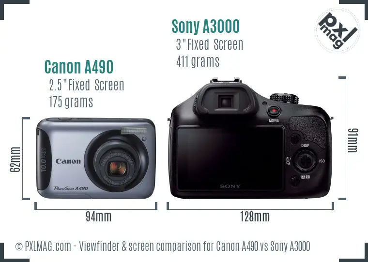 Canon A490 vs Sony A3000 Screen and Viewfinder comparison