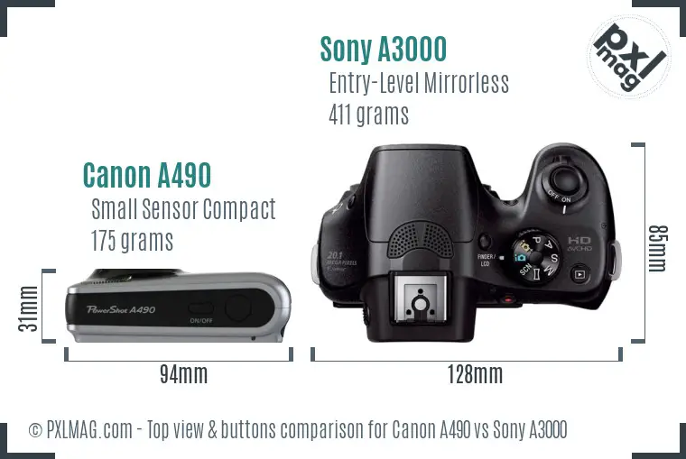 Canon A490 vs Sony A3000 top view buttons comparison