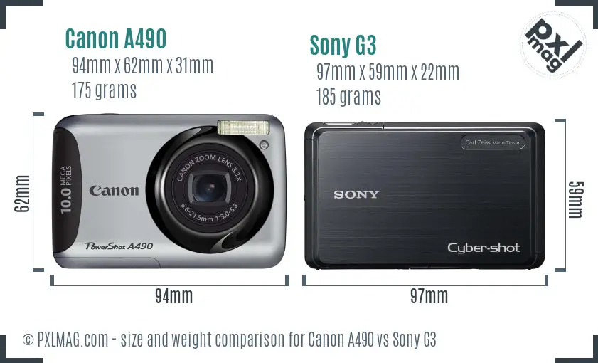 Canon A490 vs Sony G3 size comparison