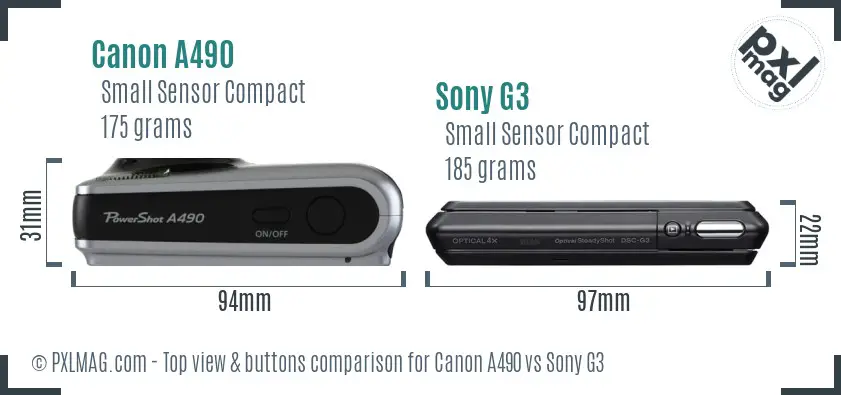 Canon A490 vs Sony G3 top view buttons comparison