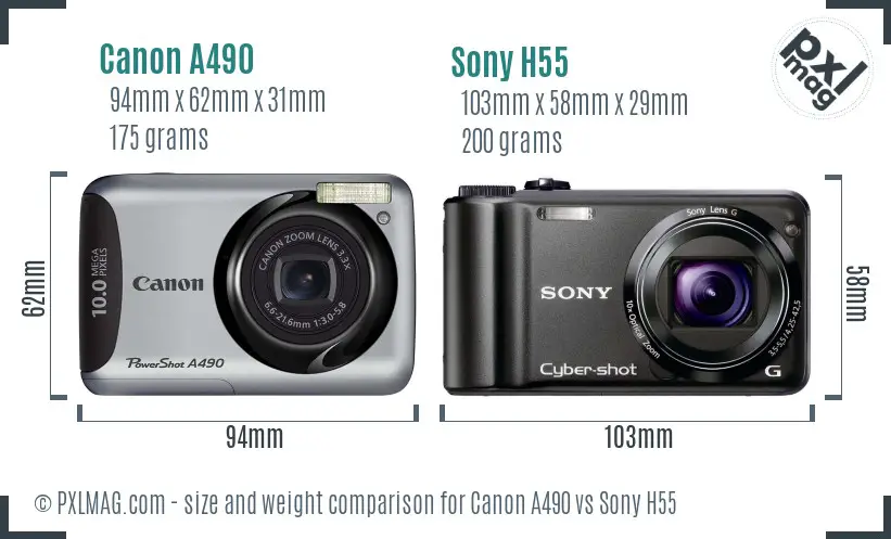 Canon A490 vs Sony H55 size comparison