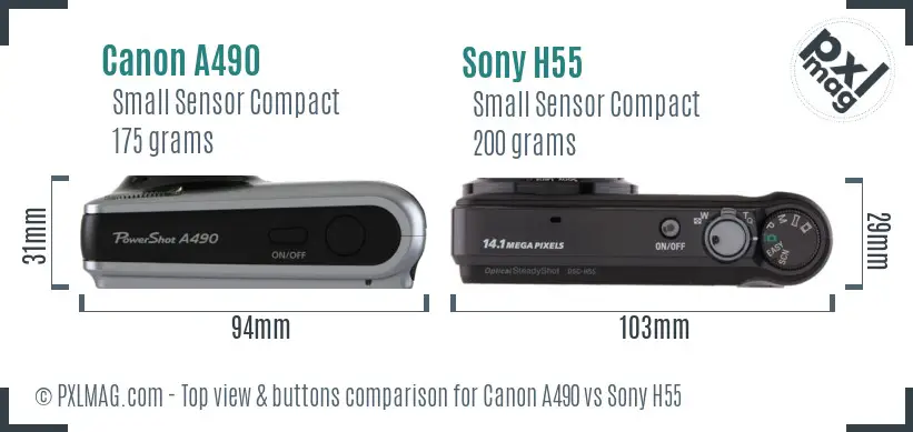 Canon A490 vs Sony H55 top view buttons comparison