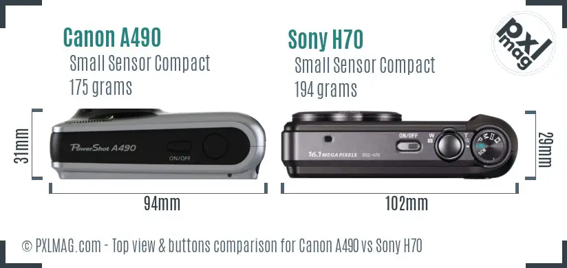 Canon A490 vs Sony H70 top view buttons comparison