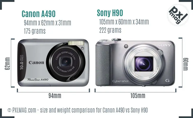 Canon A490 vs Sony H90 size comparison