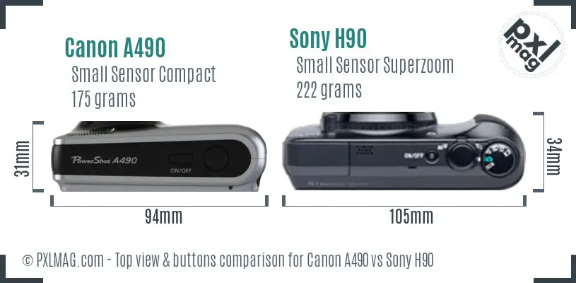 Canon A490 vs Sony H90 top view buttons comparison