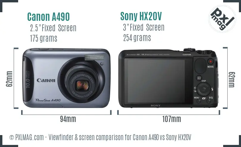 Canon A490 vs Sony HX20V Screen and Viewfinder comparison