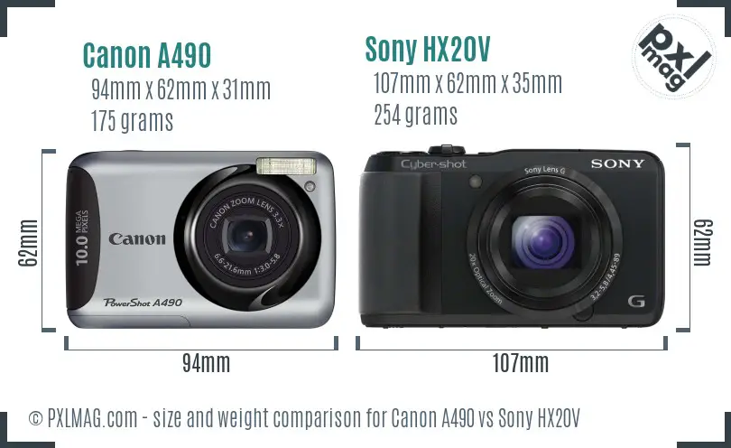 Canon A490 vs Sony HX20V size comparison