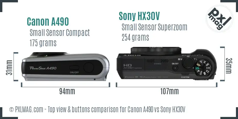 Canon A490 vs Sony HX30V top view buttons comparison Canon A490 vs Sony HX30V top view buttons comparison