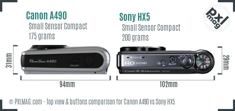 Canon A490 vs Sony HX5 top view buttons comparison Canon A490 vs Sony HX5 top view buttons comparison