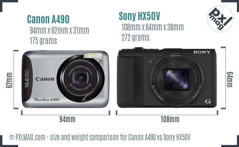 Canon A490 vs Sony HX50V size comparison
