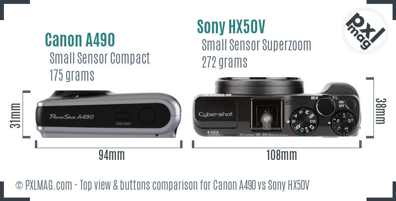 Canon A490 vs Sony HX50V top view buttons comparison