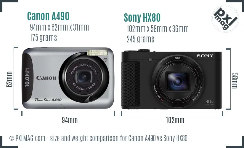 Canon A490 vs Sony HX80 size comparison