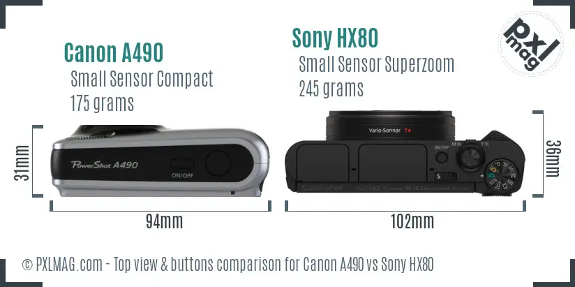 Canon A490 vs Sony HX80 top view buttons comparison