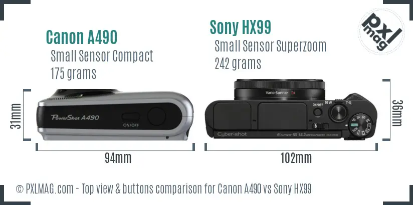 Canon A490 vs Sony HX99 top view buttons comparison Canon A490 vs Sony HX99 top view buttons comparison