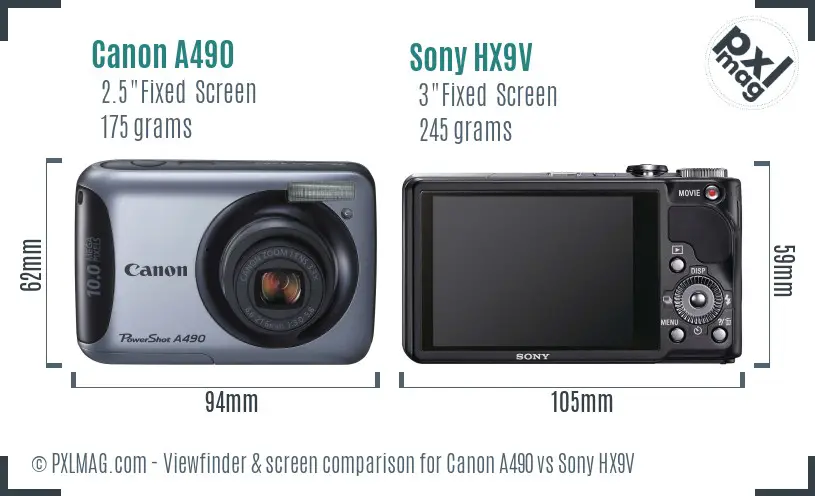 Canon A490 vs Sony HX9V Screen and Viewfinder comparison