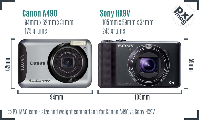 Canon A490 vs Sony HX9V size comparison