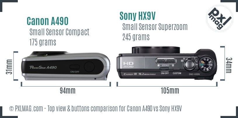 Canon A490 vs Sony HX9V top view buttons comparison