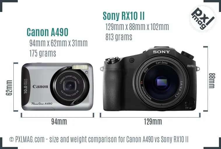 Canon A490 vs Sony RX10 II size comparison