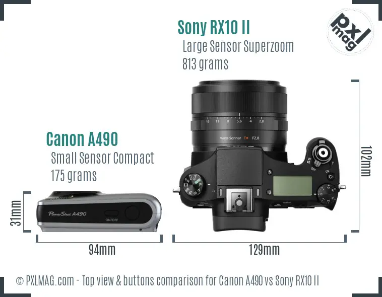 Canon A490 vs Sony RX10 II top view buttons comparison