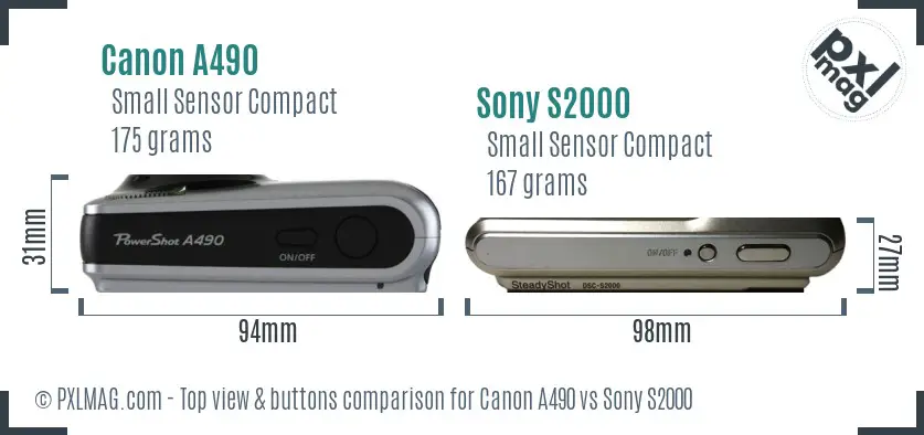 Canon A490 vs Sony S2000 top view buttons comparison Canon A490 vs Sony S2000 top view buttons comparison